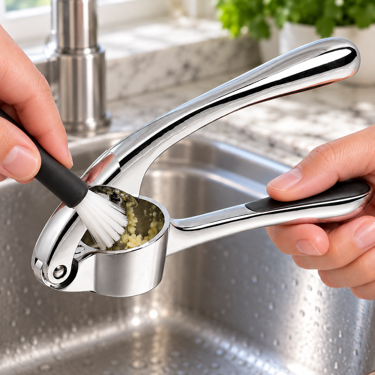 Brush cleaning the open garlic press chamber