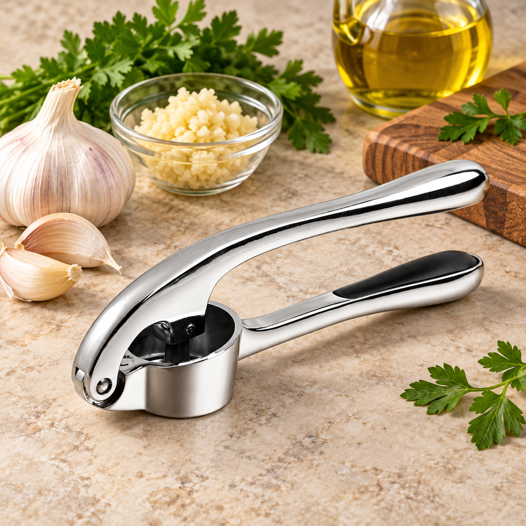 Garlic press beside prepared garlic and herbs