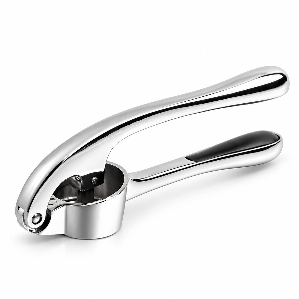 Complete polished silver garlic press on white