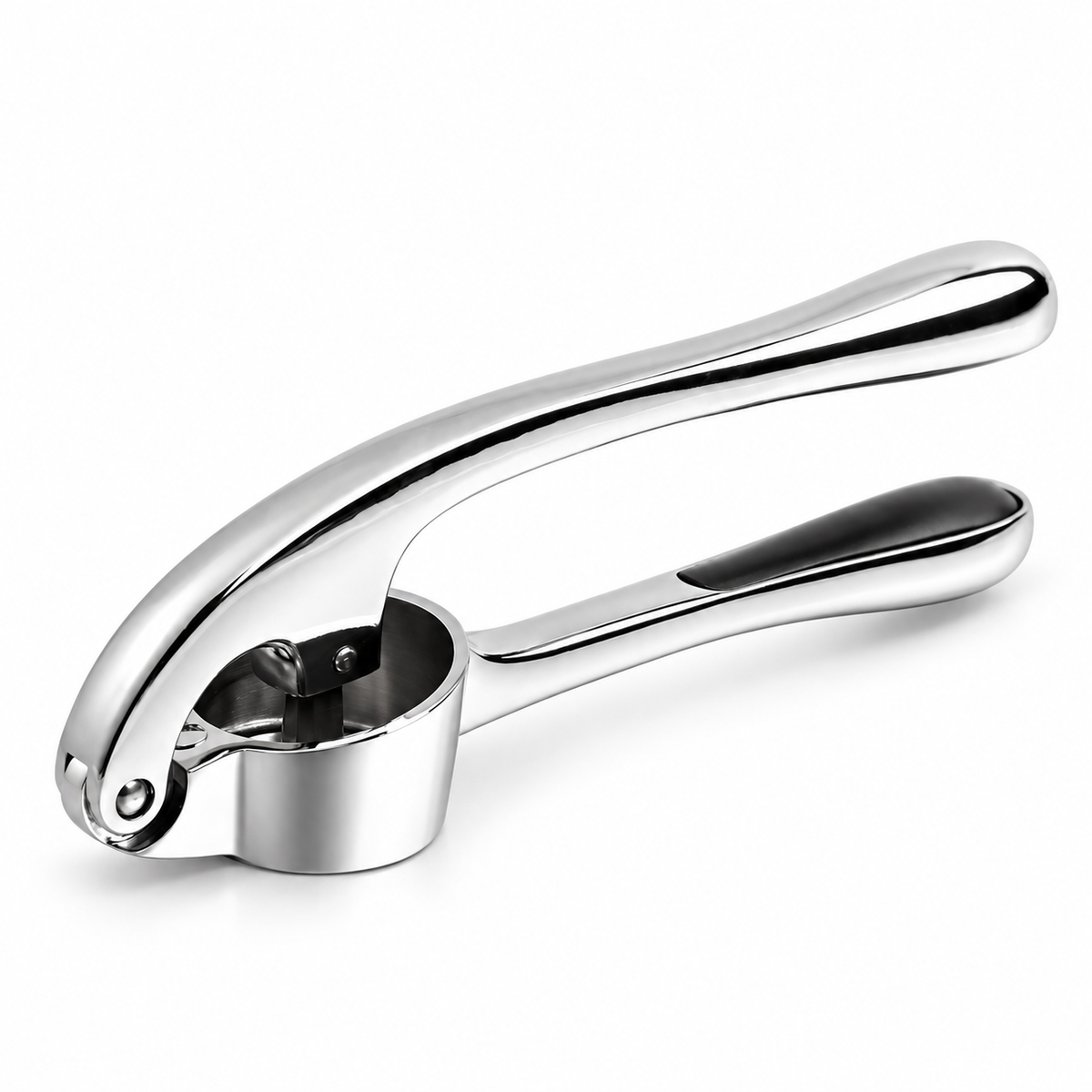 Complete polished silver garlic press on white