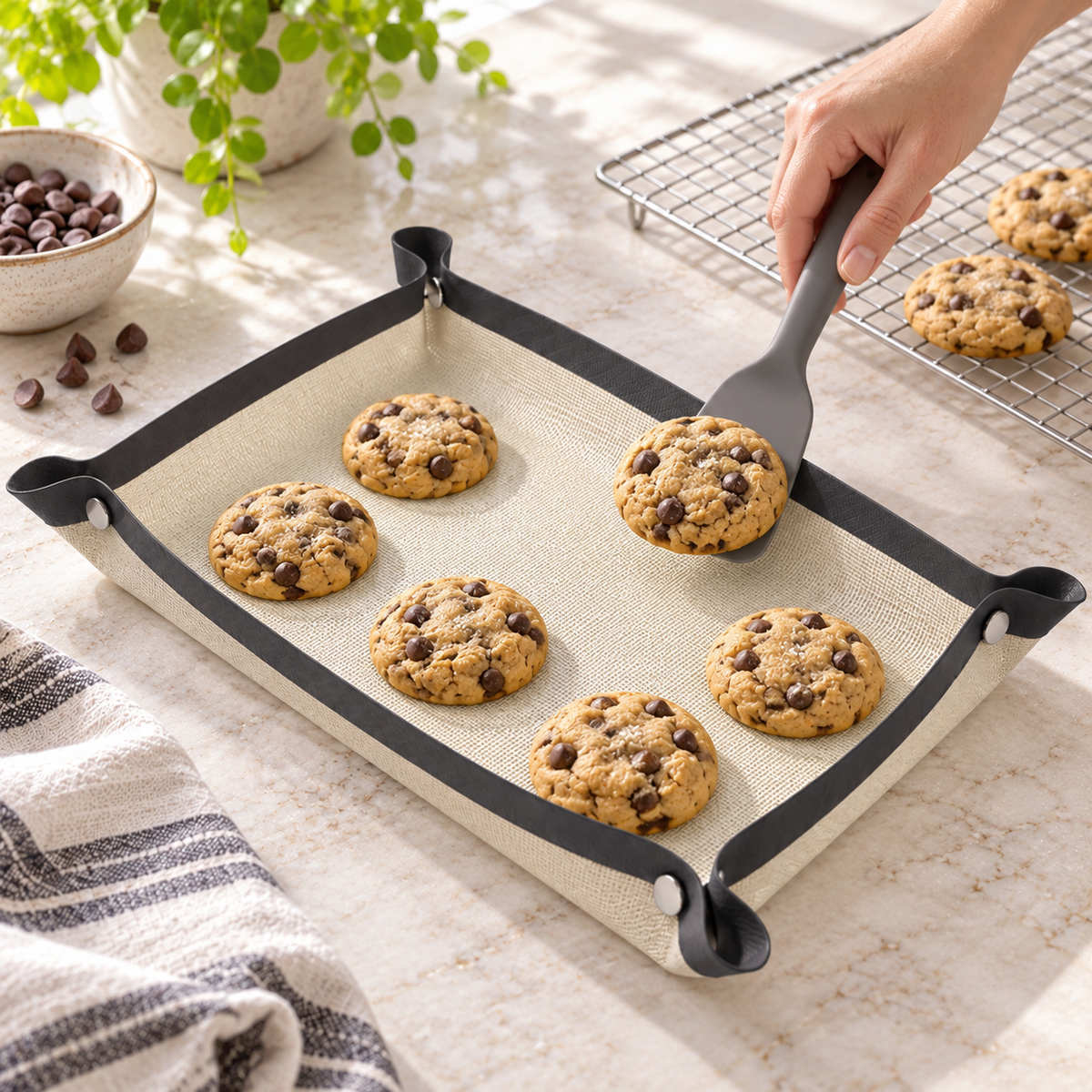 Lifting a baked cookie from the formed baking mat