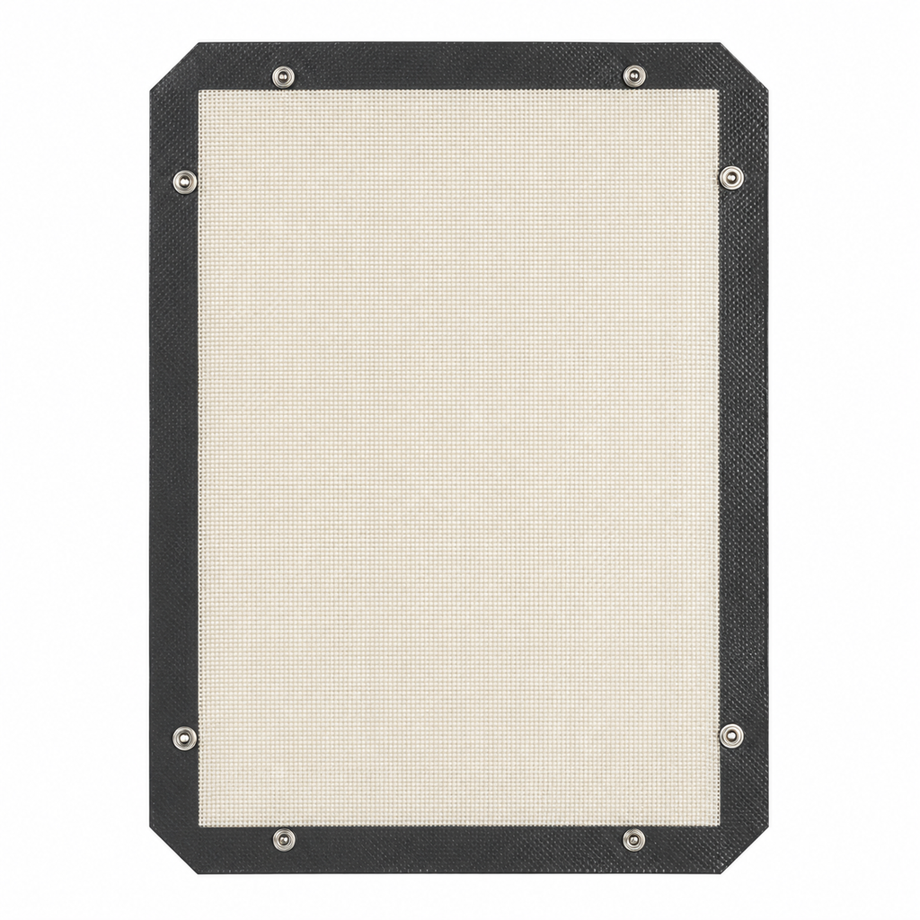Overhead view of the baking mat laid flat with corner snaps unfastened