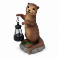Complete otter garden statue with unlit hanging lantern on white