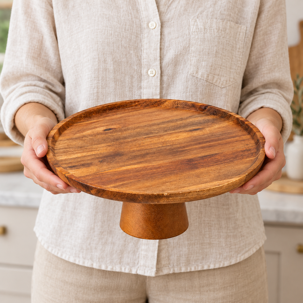 Round wooden footed platter held at waist height