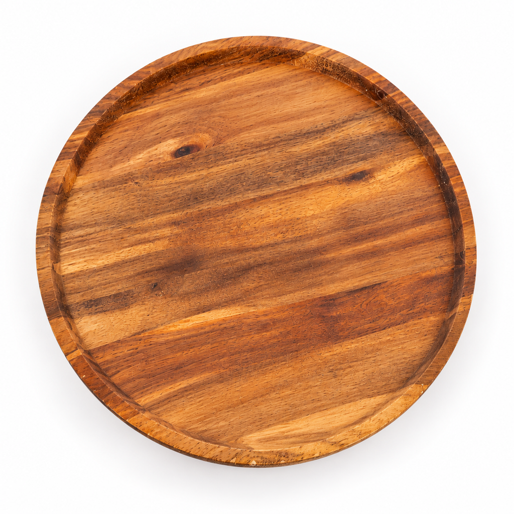 Overhead view of the round wooden platter