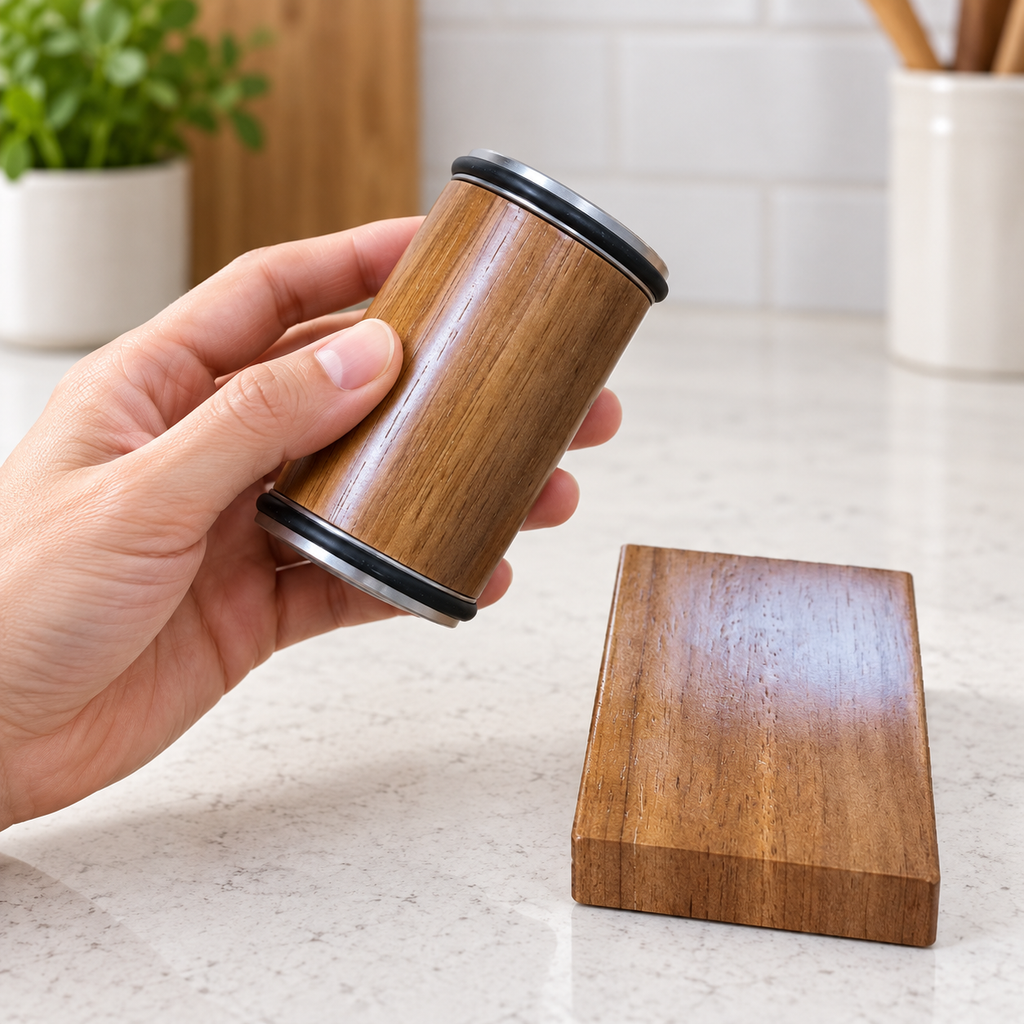Hand holding the wood-tone rolling sharpener beside its block