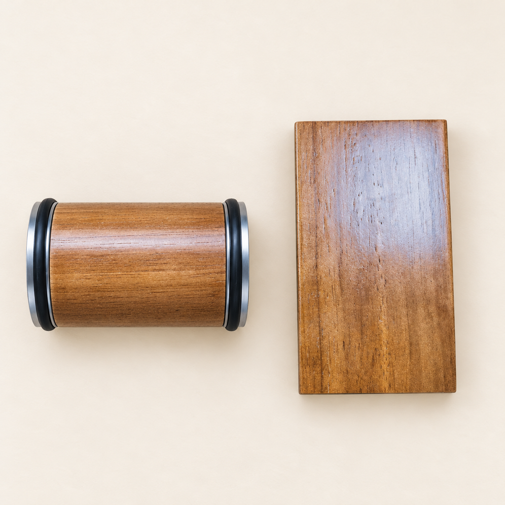 Overhead view of the wood-tone cylinder and block