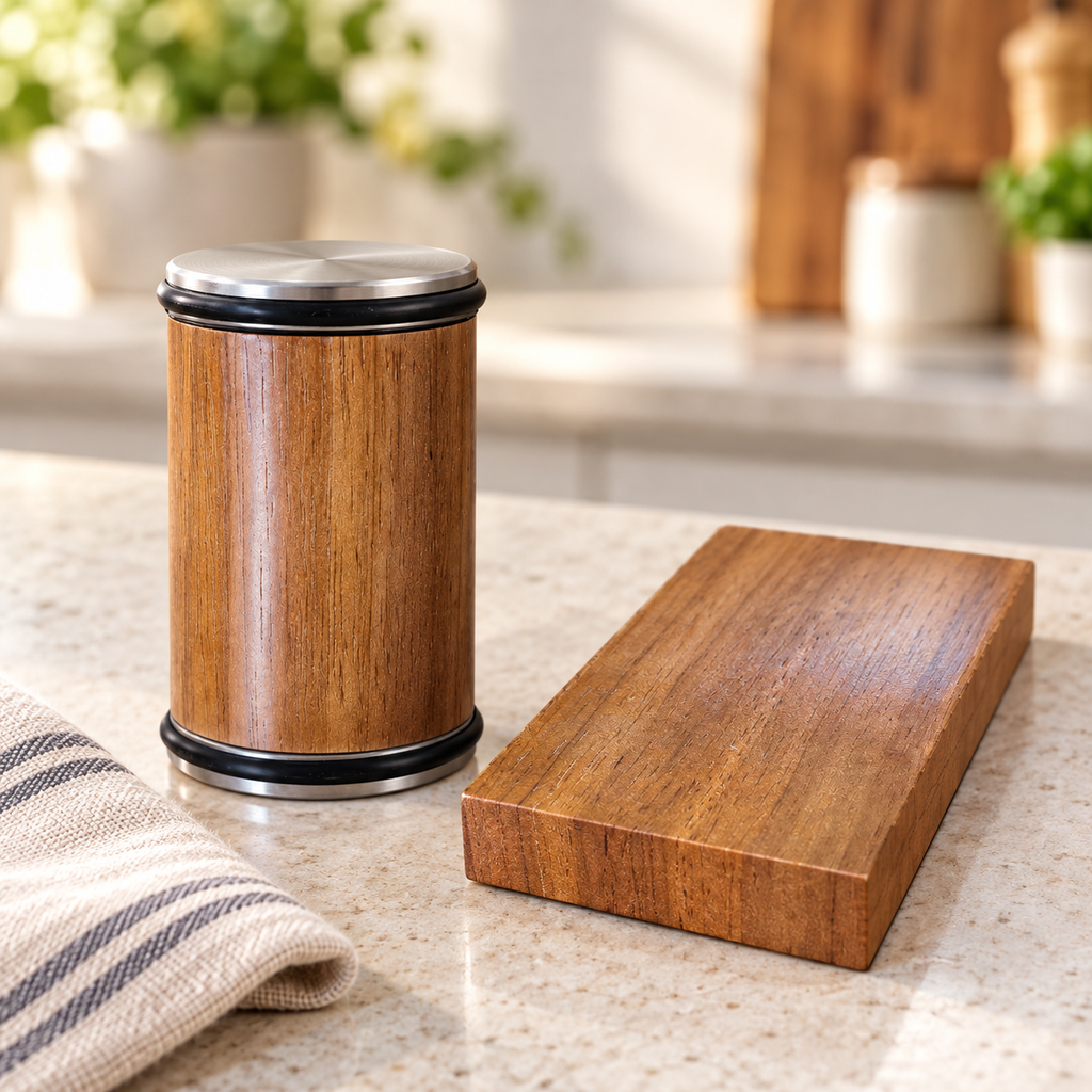 Wood-tone rolling sharpener and block on a kitchen counter