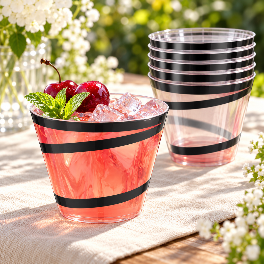 Black swirl 9 fl oz clear plastic party cups styled with punch and ice on a garden table. A partial arrangement is shown from the 300-cup pack; beverages and decorations are not included.