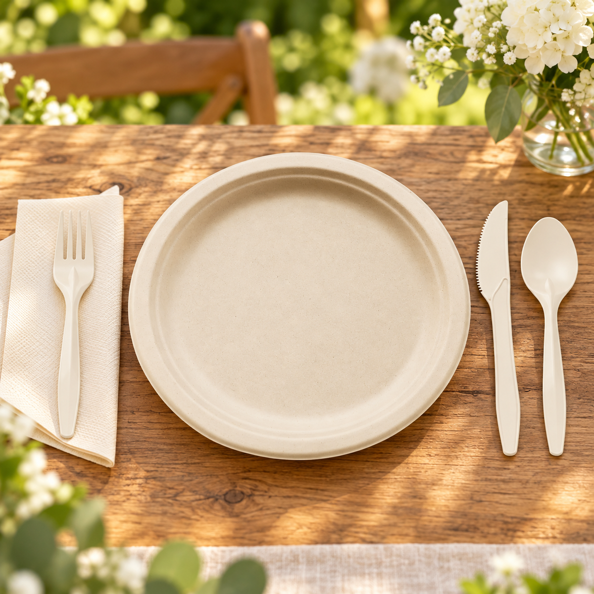 Representative single place setting on a garden table; flowers and furniture are styling props, not included.