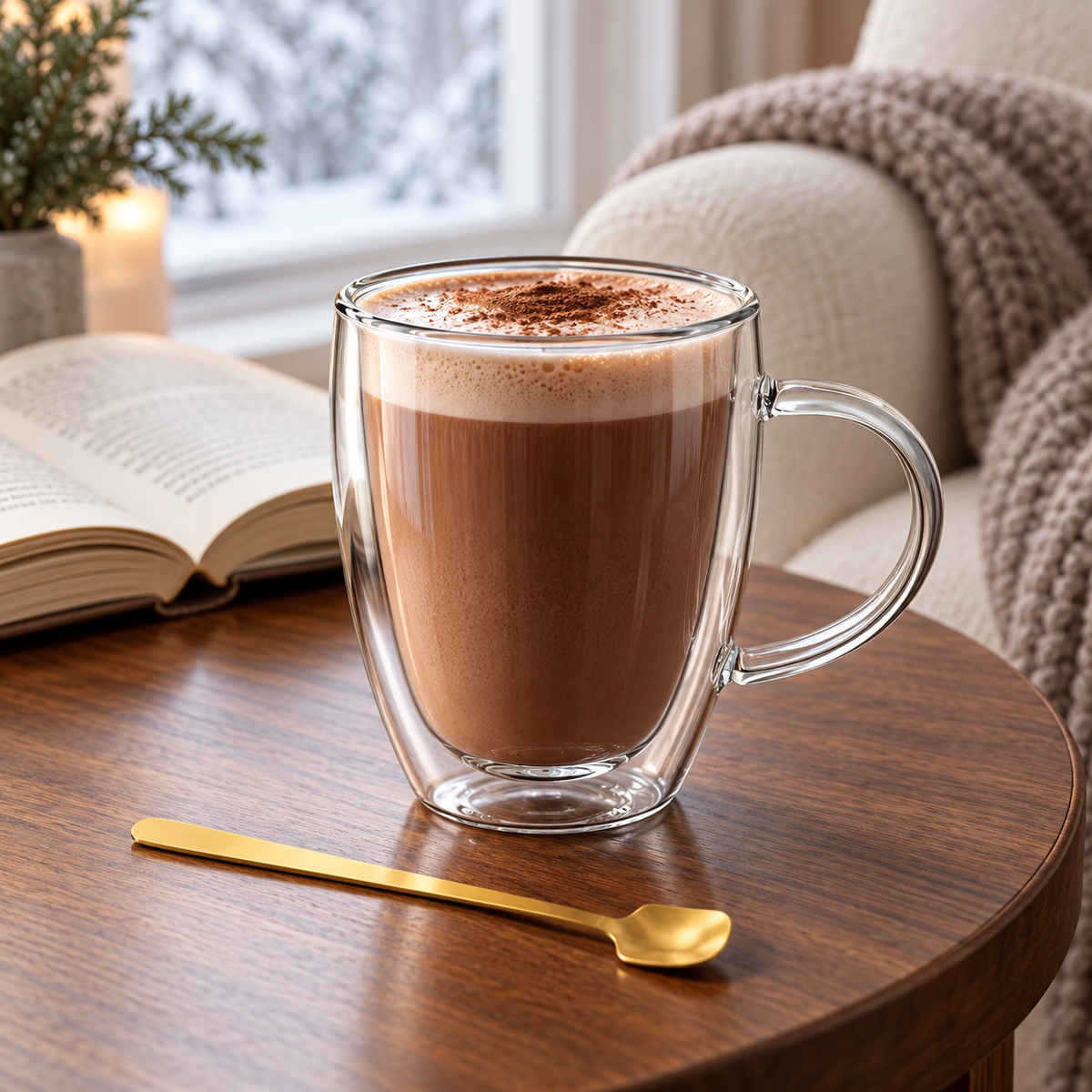 Double-walled glass mug with cocoa beside an open book