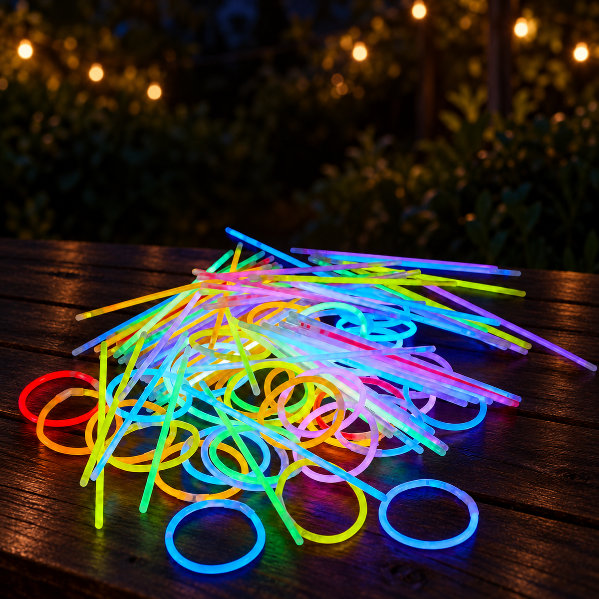 Representative selection of thin glow sticks and assembled bracelets with clear sleeve connectors on a garden party table; not the full 600-stick pack. Background styling not included.