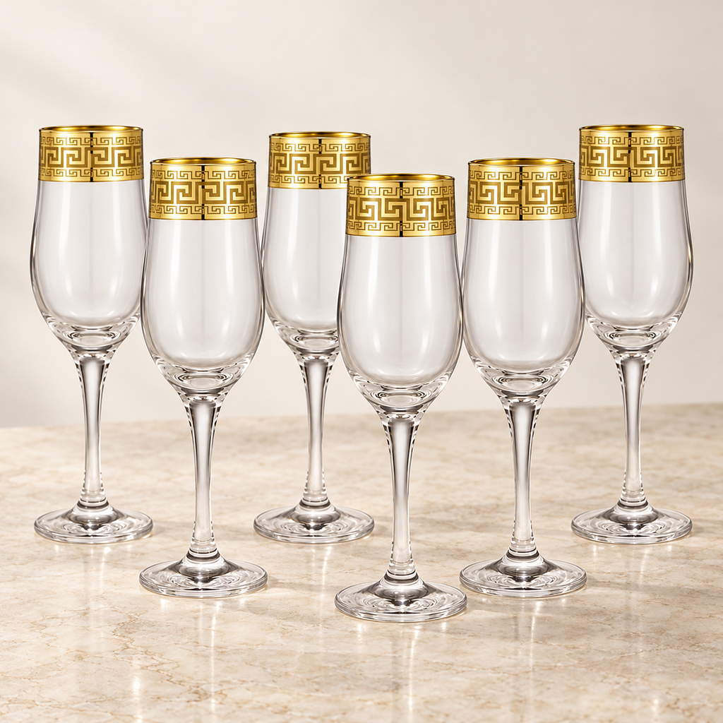 Gold Greek key champagne flutes: set view