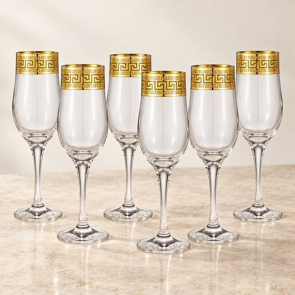 Gold Greek key champagne flutes: set view
