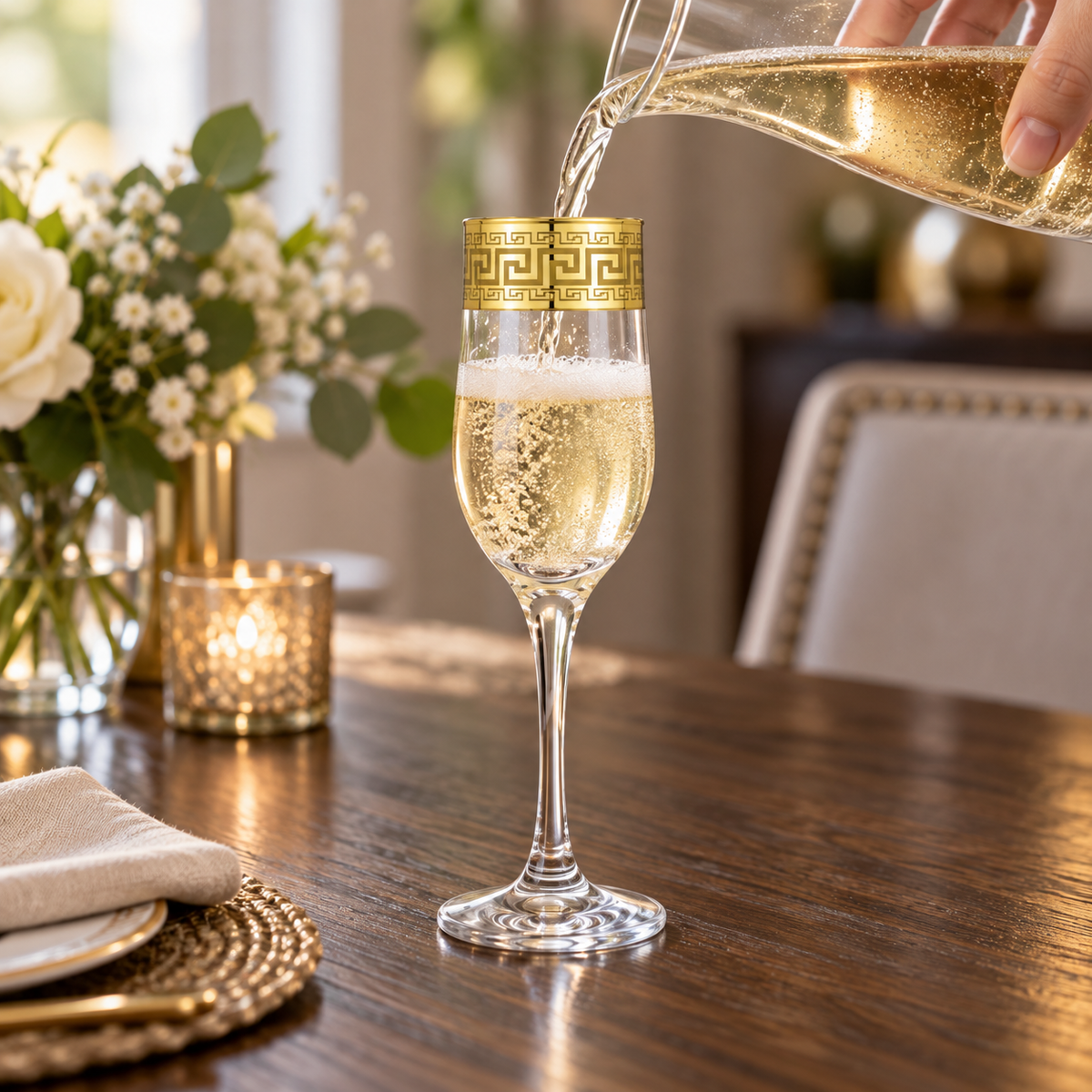 Gold Greek key champagne flutes: pouring view