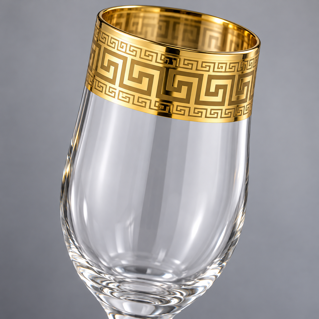 Gold Greek key champagne flutes: detail view