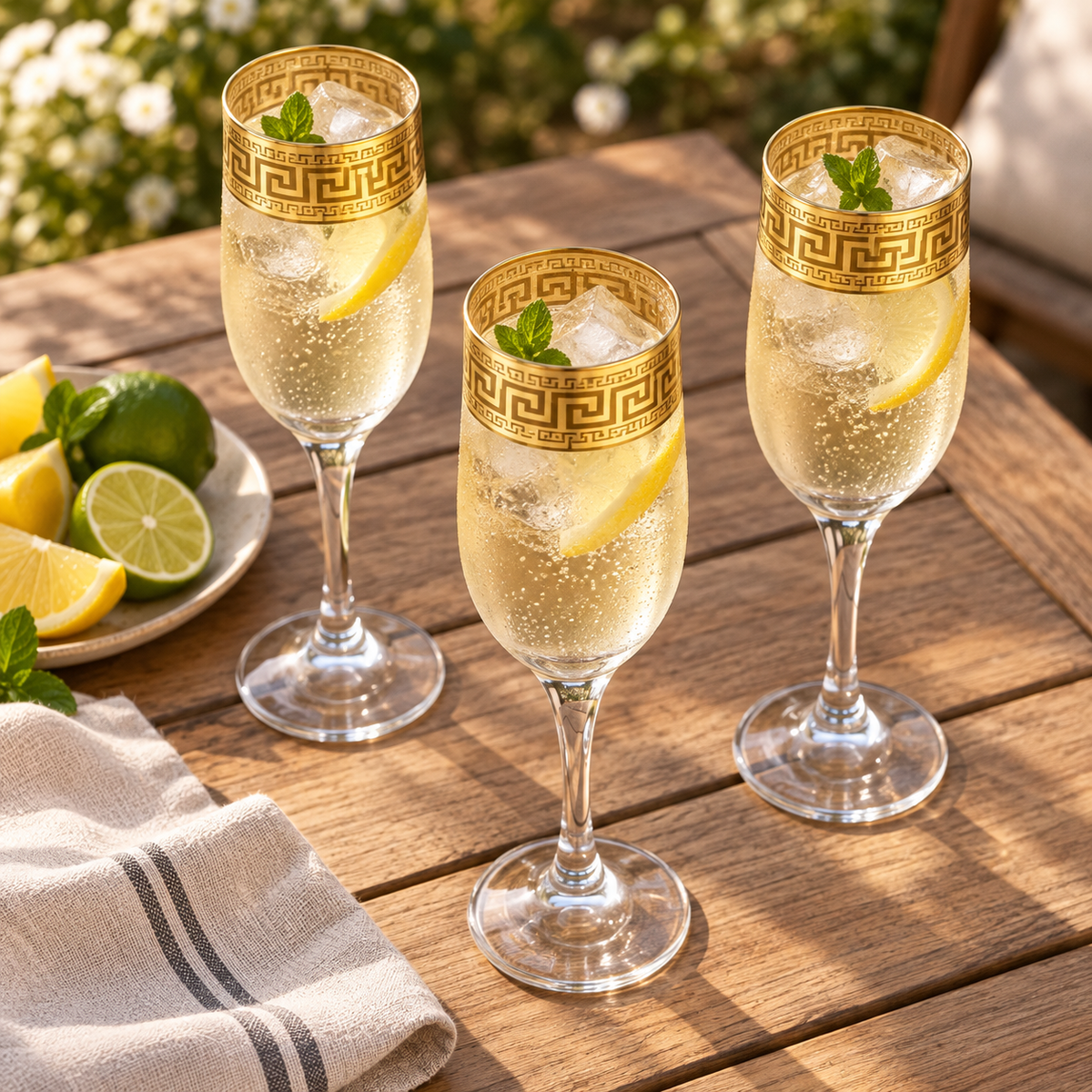 Gold Greek key champagne flutes: overhead view