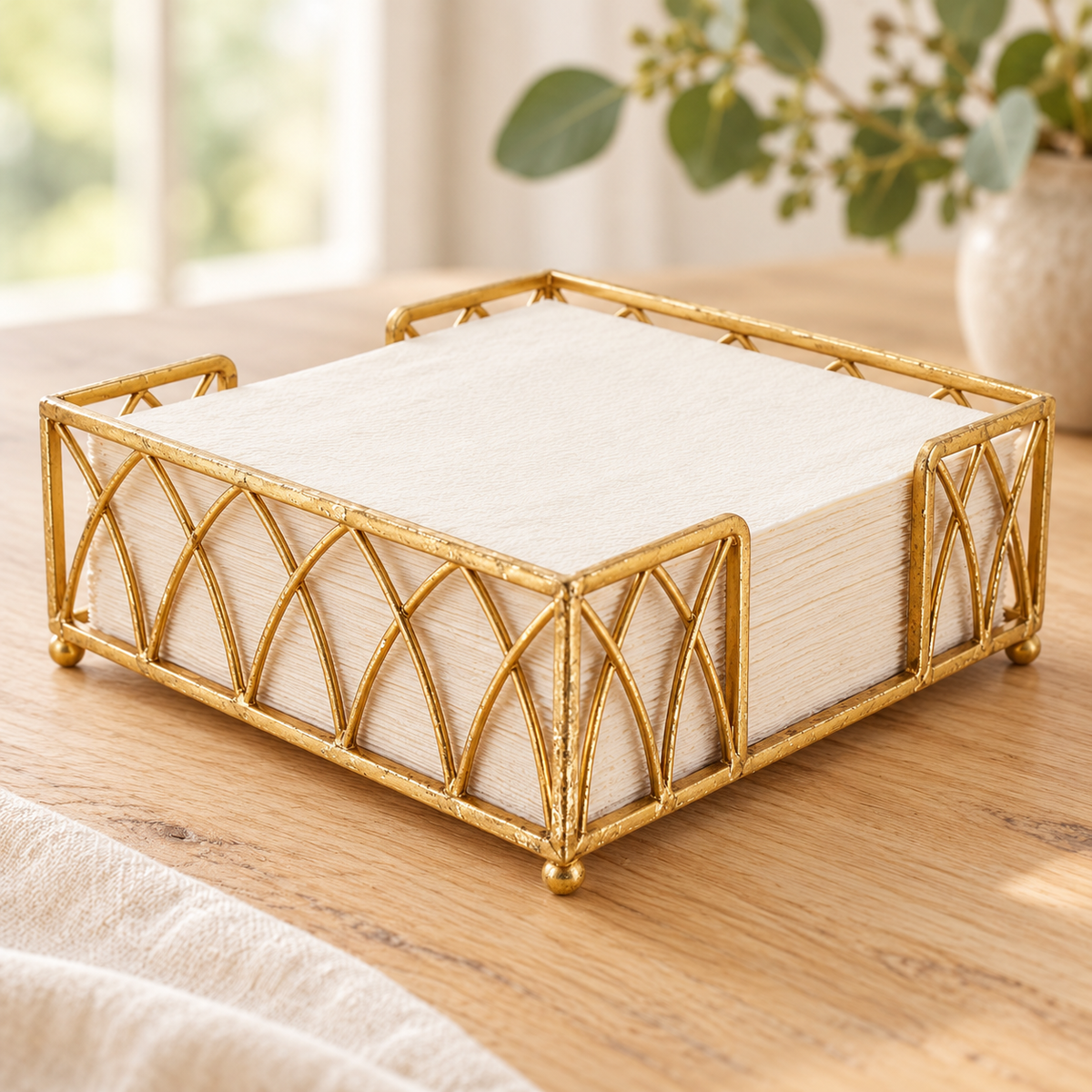 Gold Arch Napkin Caddy with ivory napkins on a natural wood table; napkins and scene props not included