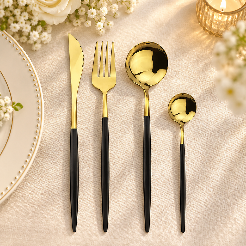 One four-piece gold and black flatware setting on champagne linen; plate, flowers and candle are styling props.