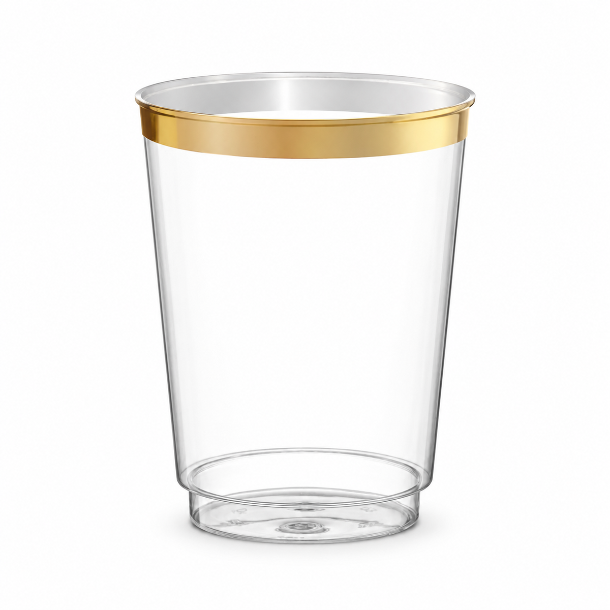 Clear gold-rim party cup on a white background.
