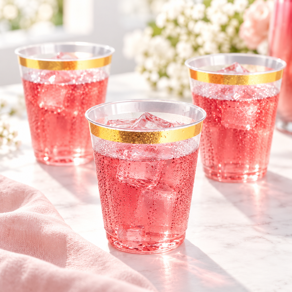 Gold-rim clear party cups styled with pink chilled drinks on a celebration table. Drinks and decor not included.