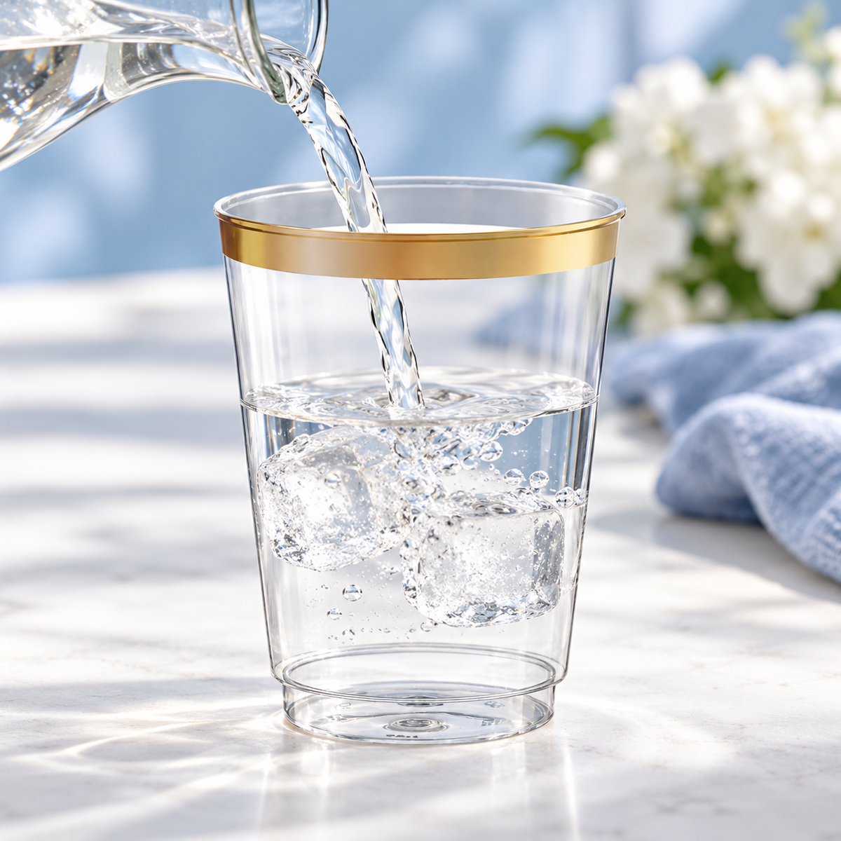 Water being poured into a clear gold-rim party cup in a blue-and-white table setting. Carafe and decor not included.
