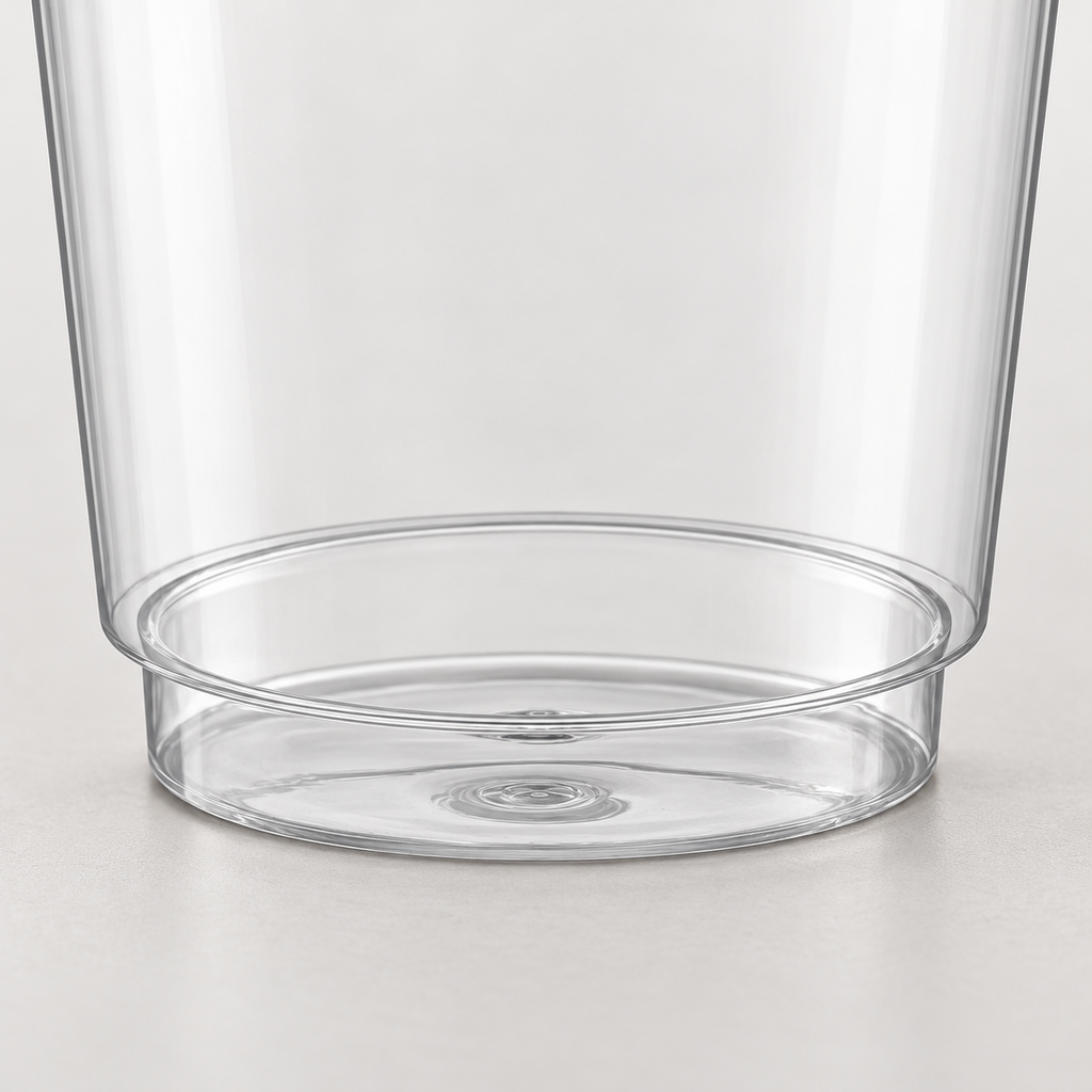 Close-up of the transparent cup lower body and short raised circular base.