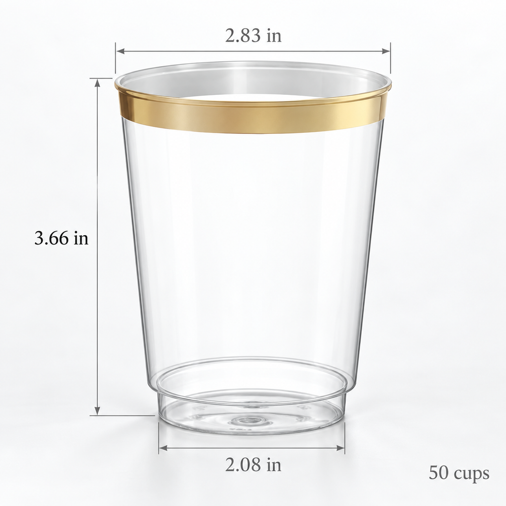 Clear gold-rim cup dimensions: 2.83 in opening, 3.66 in height, 2.08 in base. Sold as 50 cups.