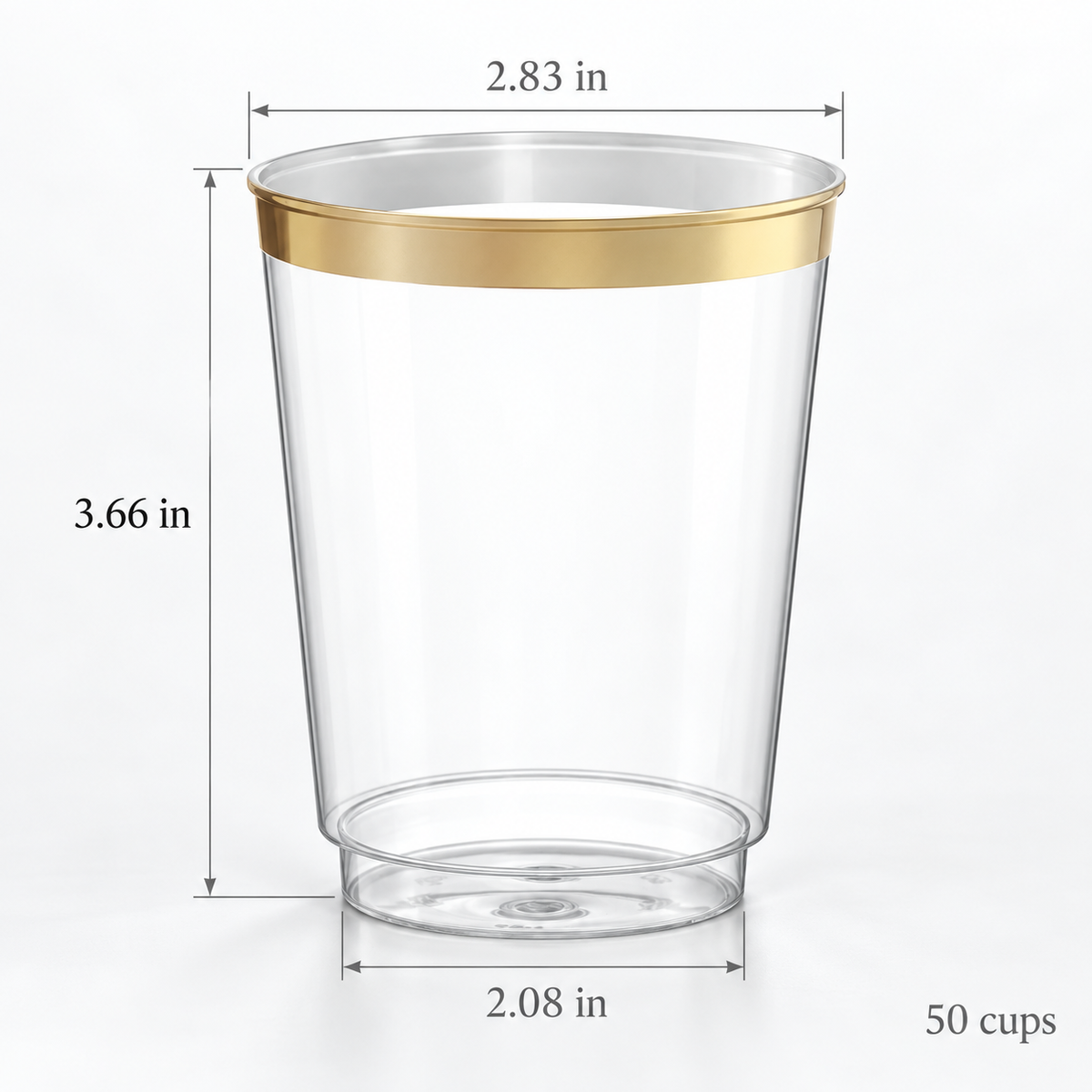 Clear gold-rim cup dimensions: 2.83 in opening, 3.66 in height, 2.08 in base. Sold as 50 cups.