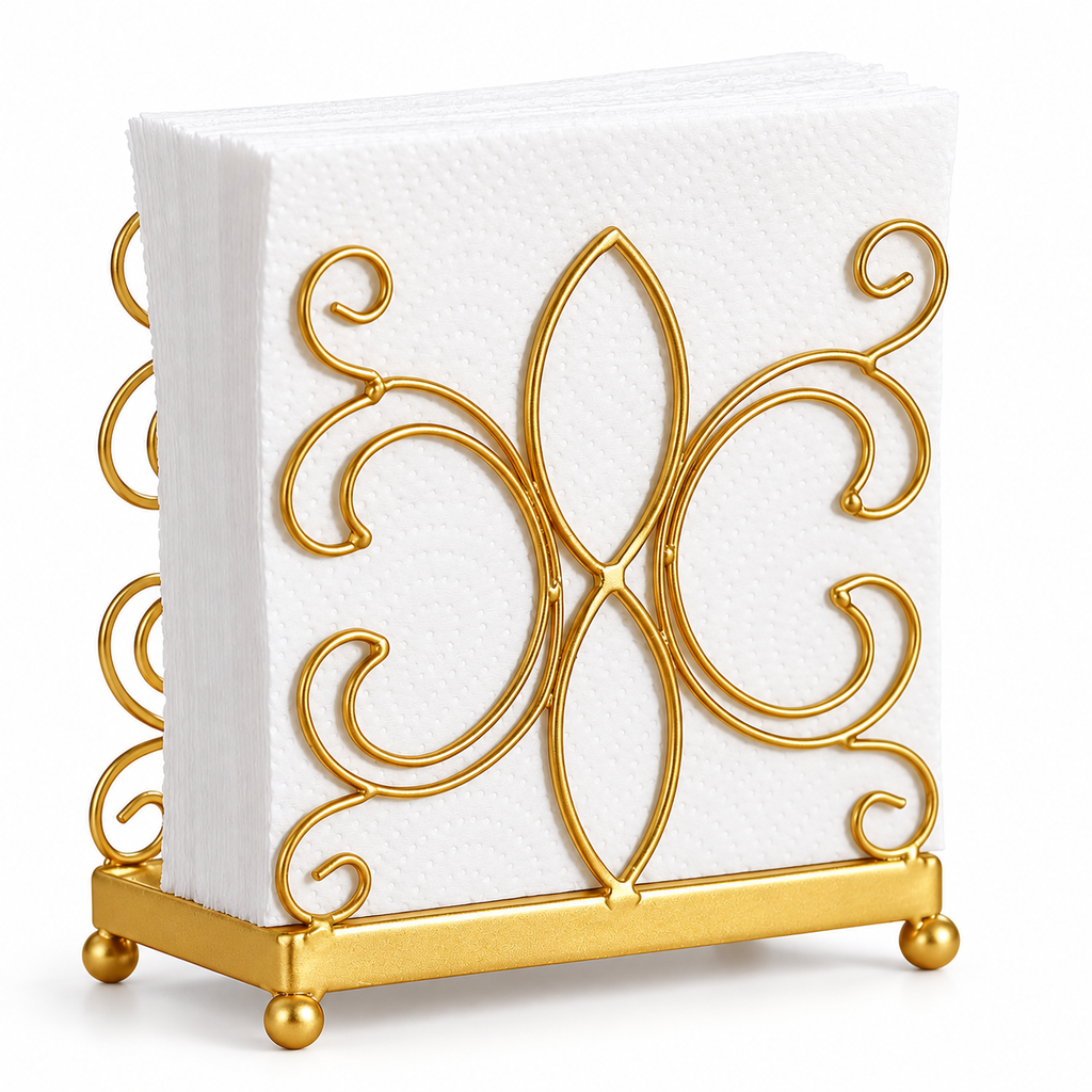 Gold scrollwork napkin holder on white, shown with white napkins; napkins not included.