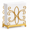Gold scrollwork napkin holder on white, shown with white napkins; napkins not included.
