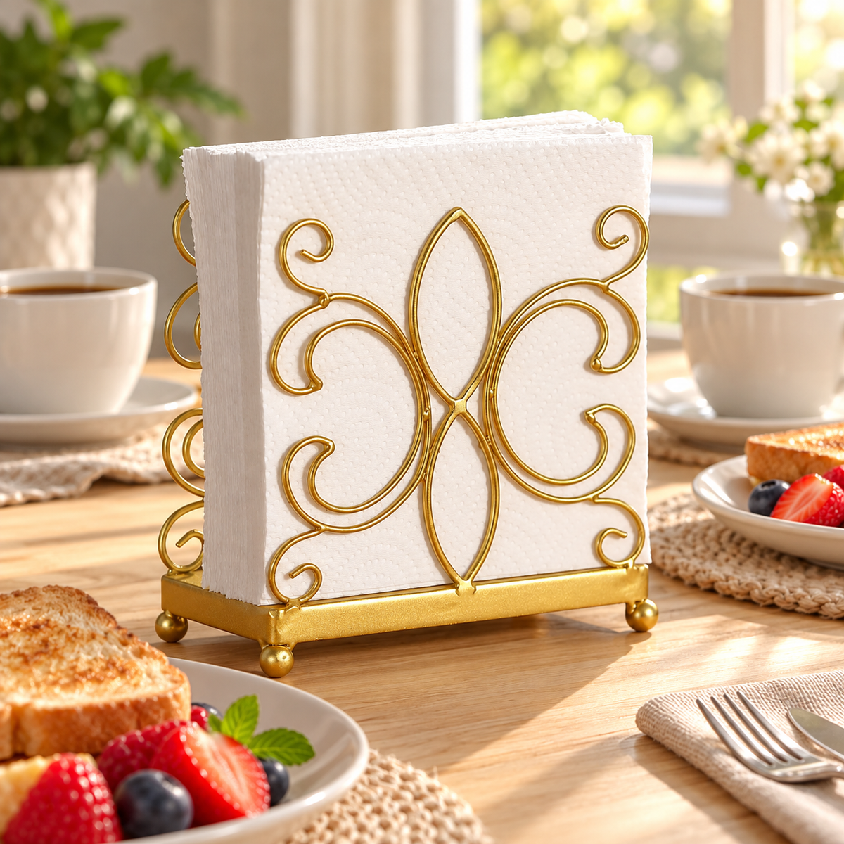 Gold napkin holder between breakfast settings; napkins and props not included.
