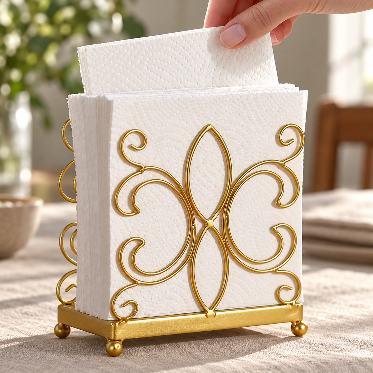 Hand lifting a white napkin from the gold holder; napkins and props not included.