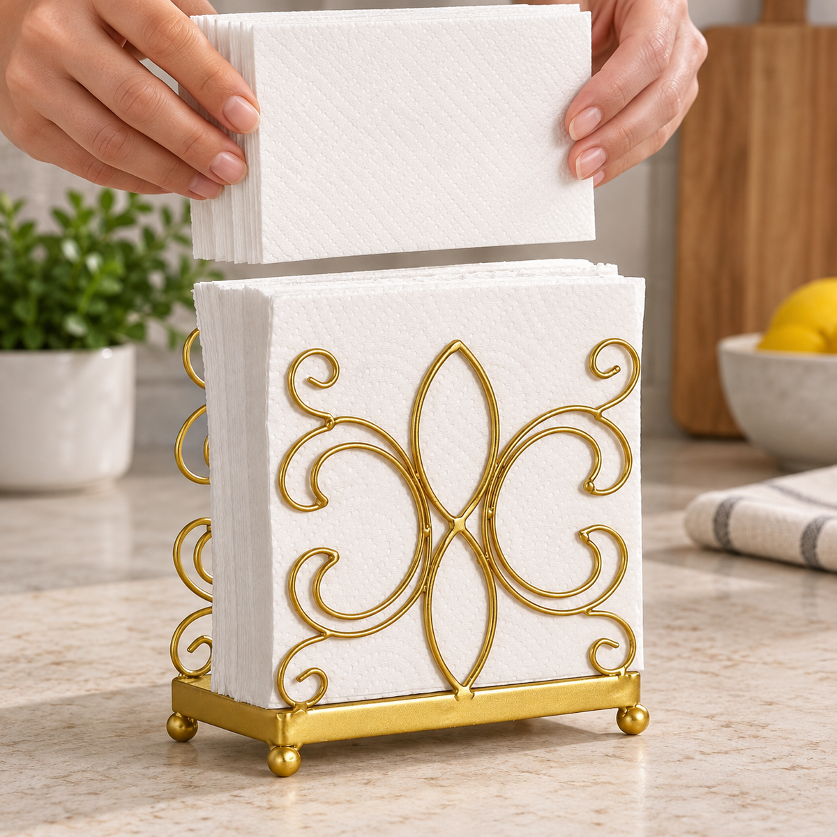 Hands preparing to refill the gold napkin holder; napkins and props not included.