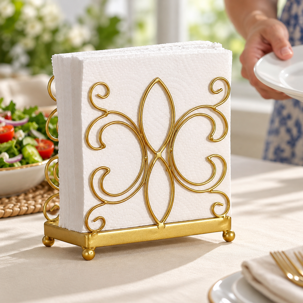 Gold napkin holder beside a serving table as a plate passes; napkins and props not included.