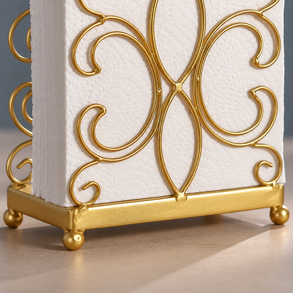 Close view of gold scrolls, base rail and ball feet; napkins and props not included.