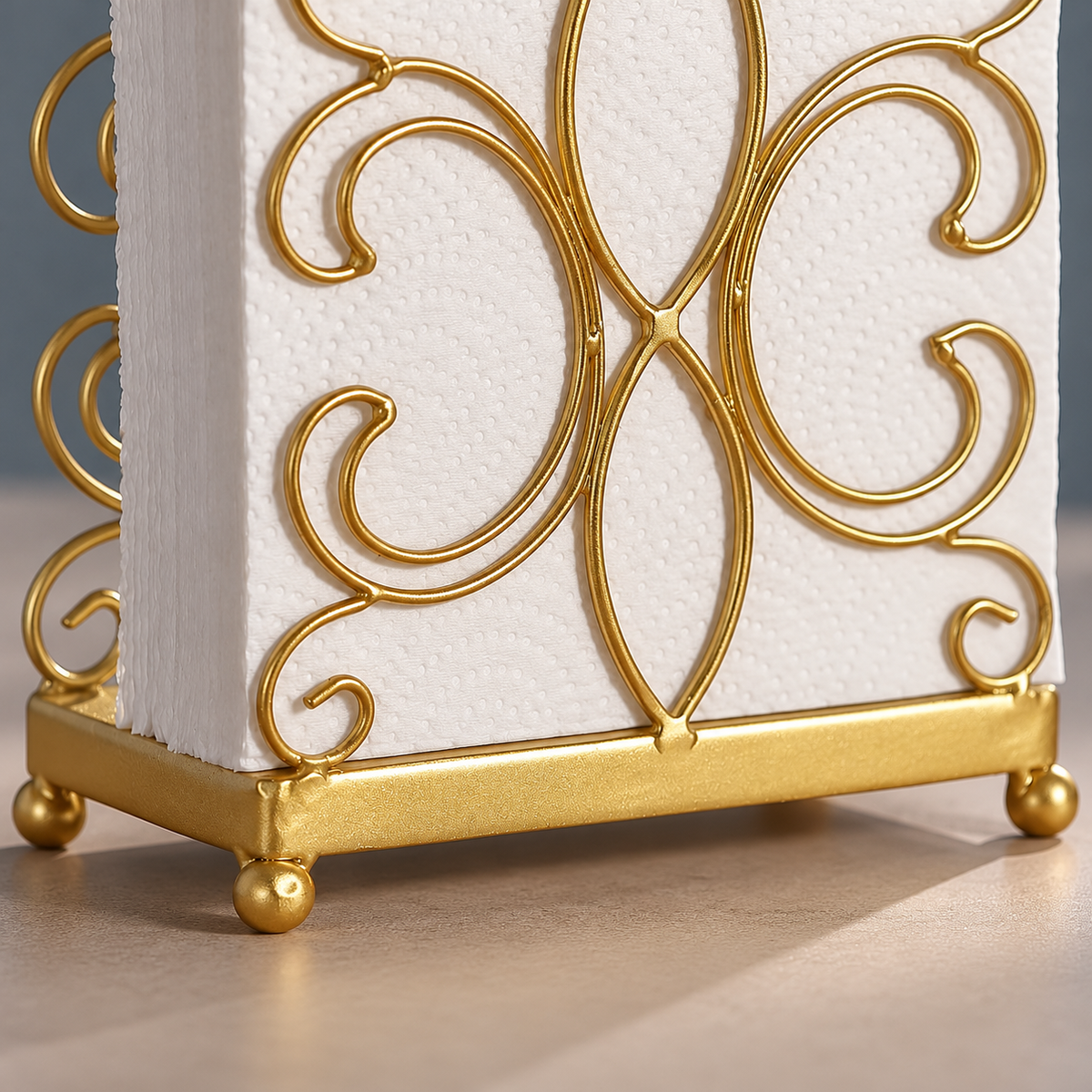 Close view of gold scrolls, base rail and ball feet; napkins and props not included.