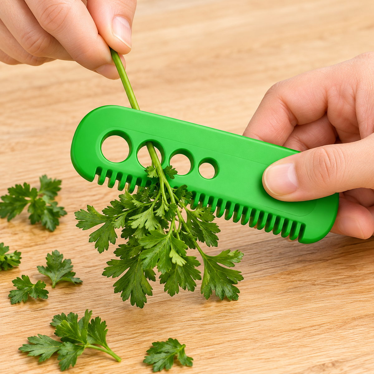 Hands pulling an herb stem through the green stripper; herbs and worktop are styling props.