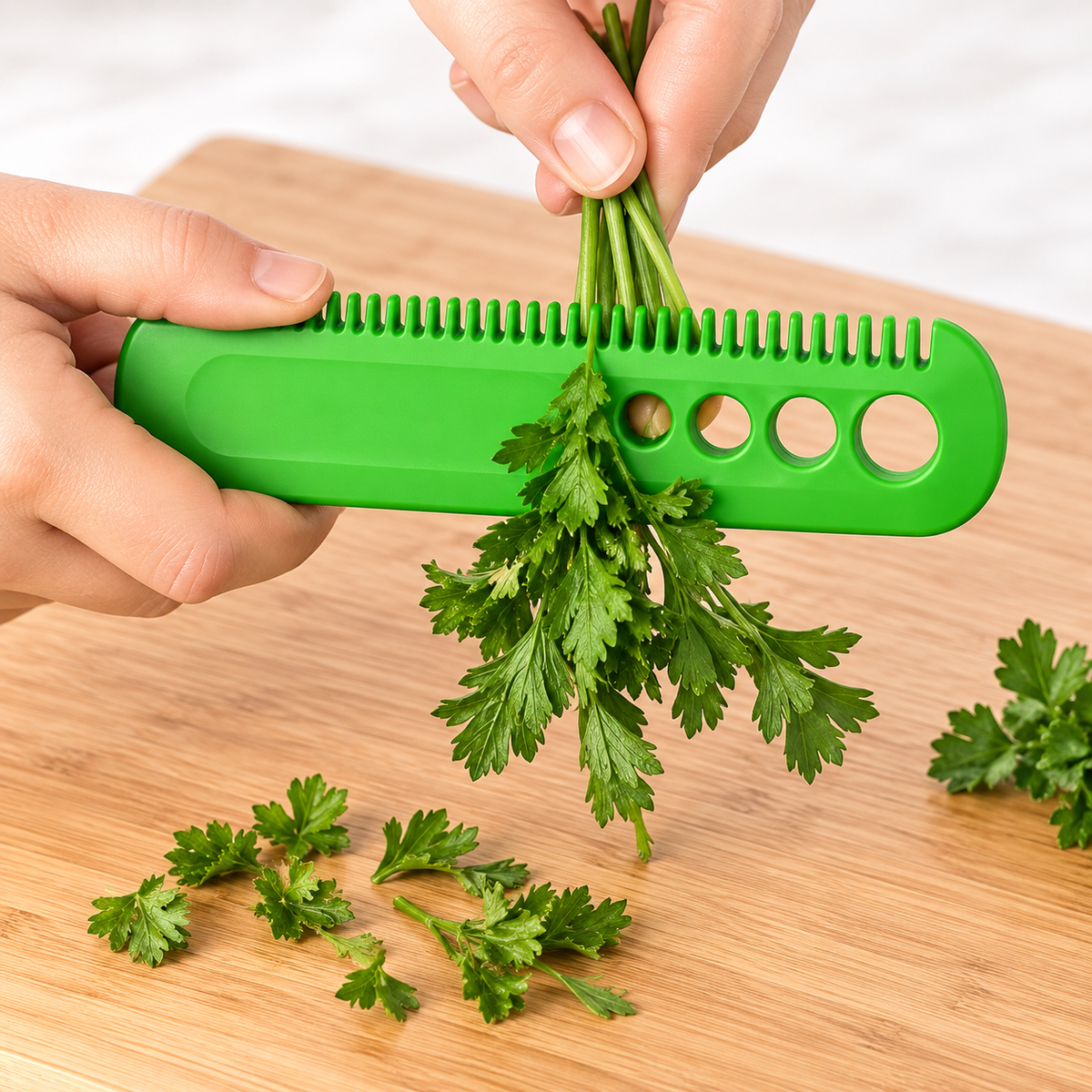 Hands drawing herb stems through the green comb edge; herbs and cutting board not included.