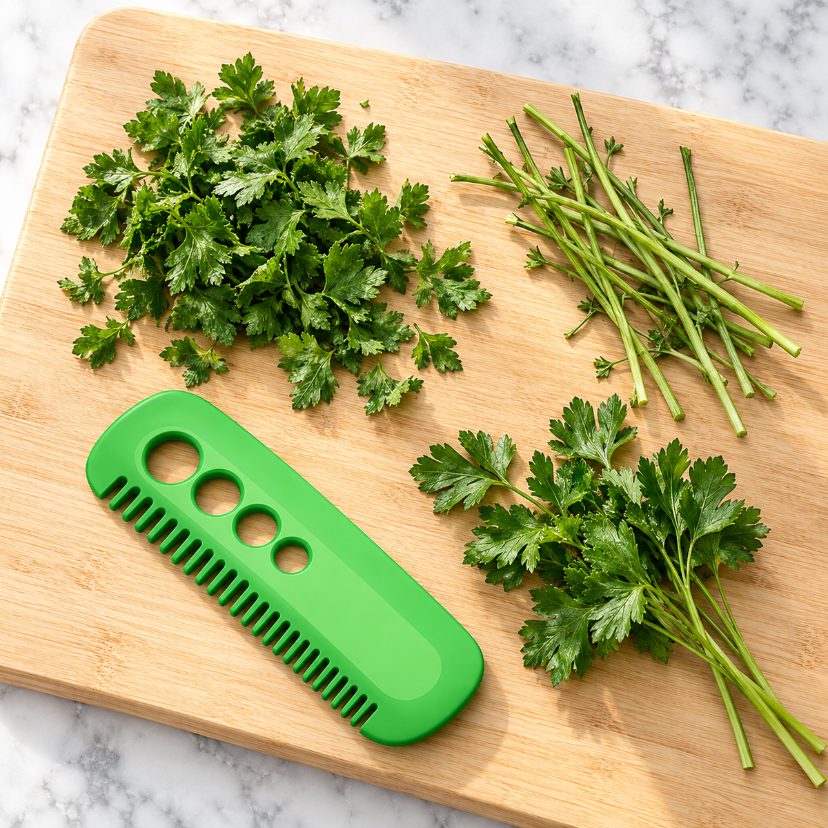 Green herb stripper beside separated leaves and stems; herbs and cutting board not included.