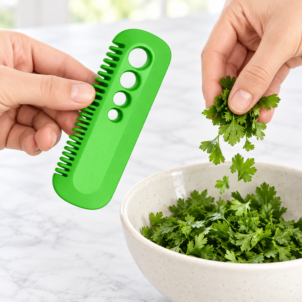 Green herb stripper held beside a bowl of freshly stripped leaves; bowl and herbs not included.