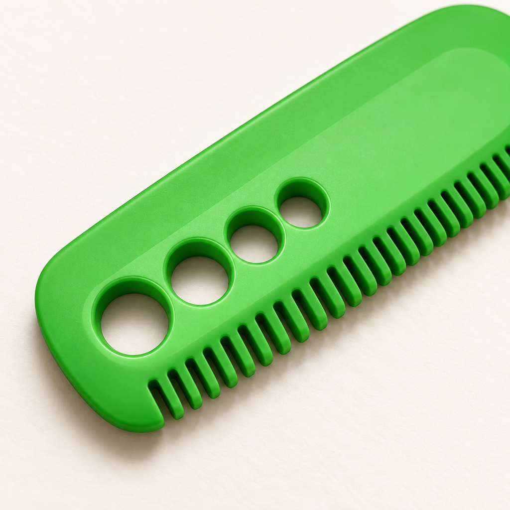 Close-up of the green herb stripper's four graduated holes and comb edge.