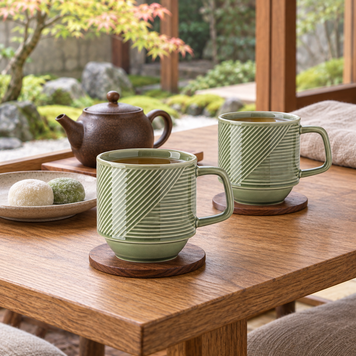 Two pea-green ceramic mugs holding tea beside a garden window; other objects are scene styling.