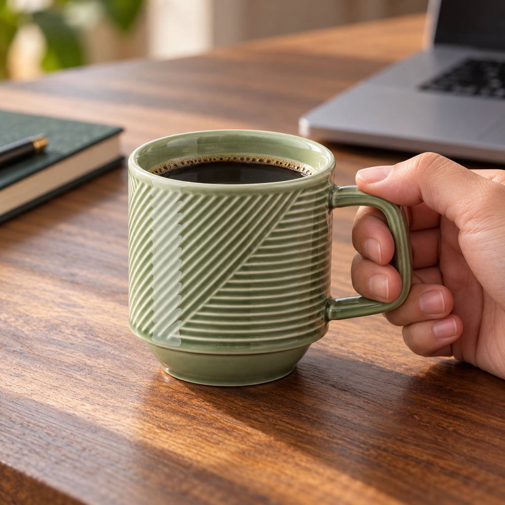 A pea-green ceramic coffee mug on a wooden desk beside a laptop.