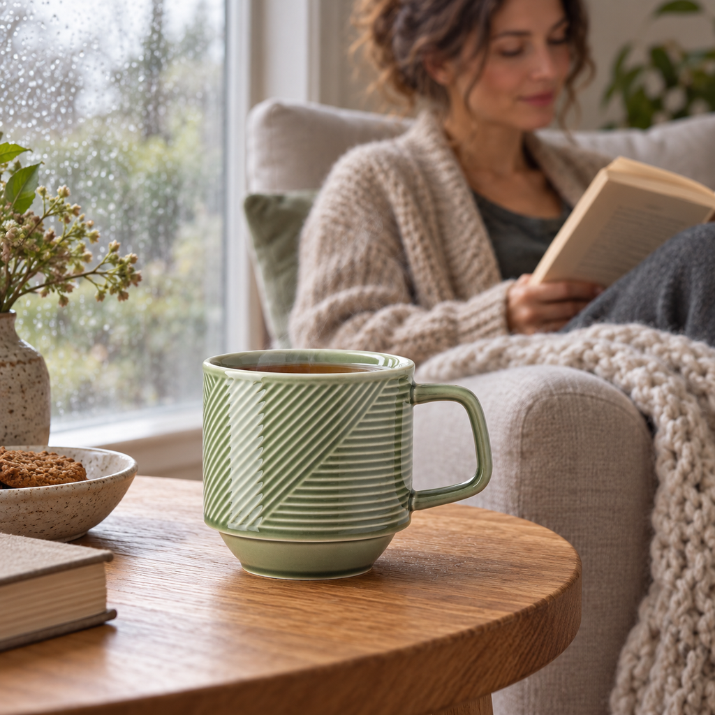 A pea-green ceramic mug of tea resting on a wooden side table in a reading nook.
