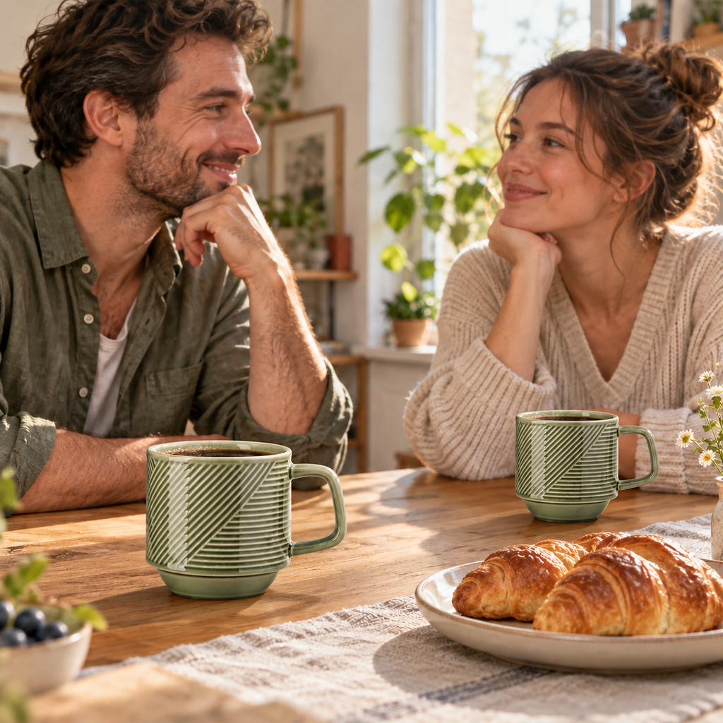 Two pea-green ceramic mugs on a breakfast table with two adults.