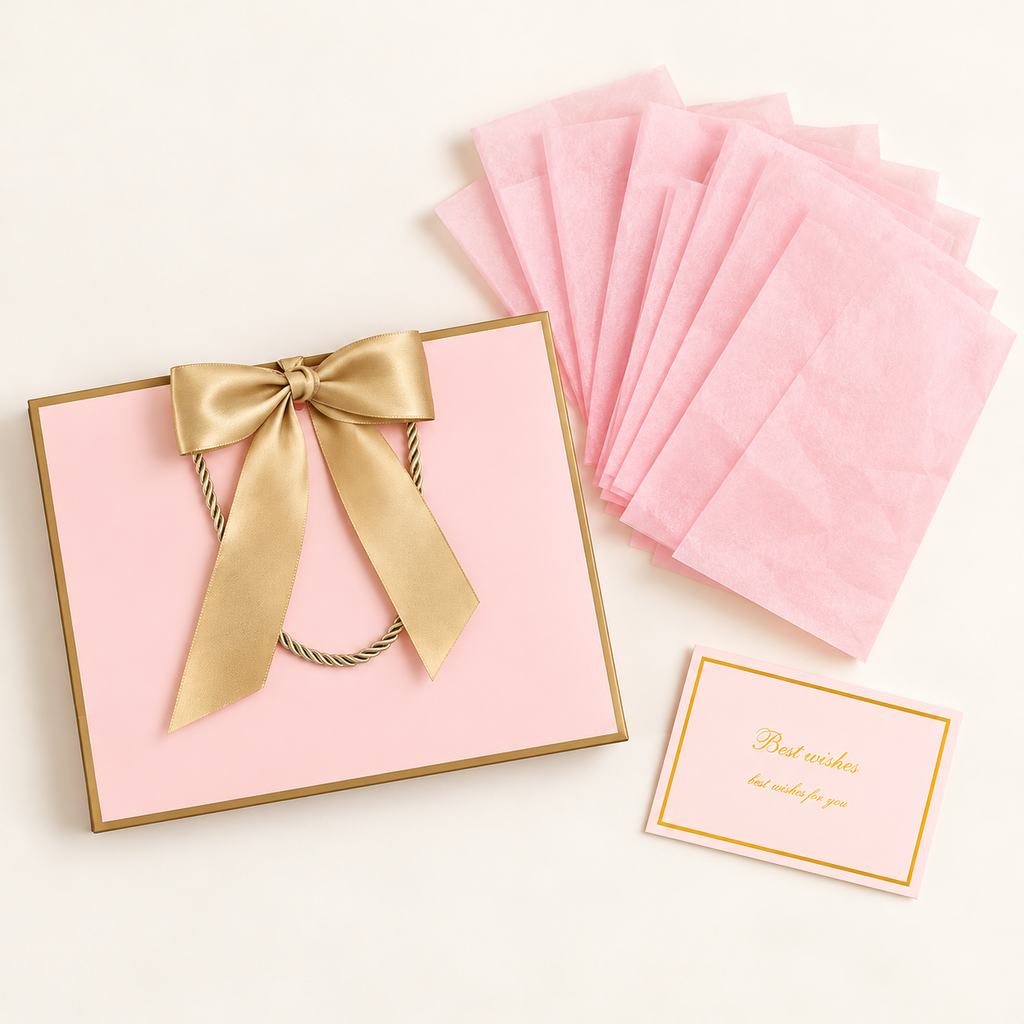 Pink gift bag with matching tissue and greeting card, flatlay