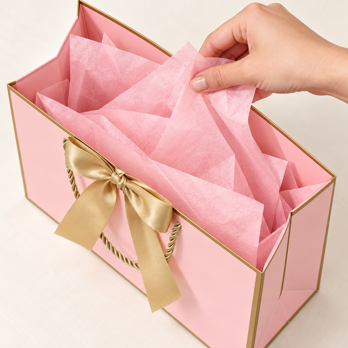 Placing pink tissue inside the pink and gold gift bag