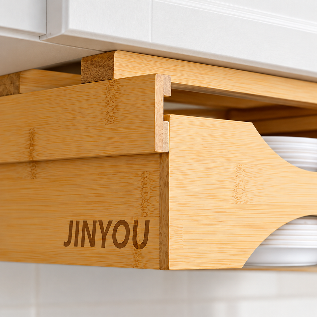 Bamboo plate dispenser construction close-up; paper plates not included