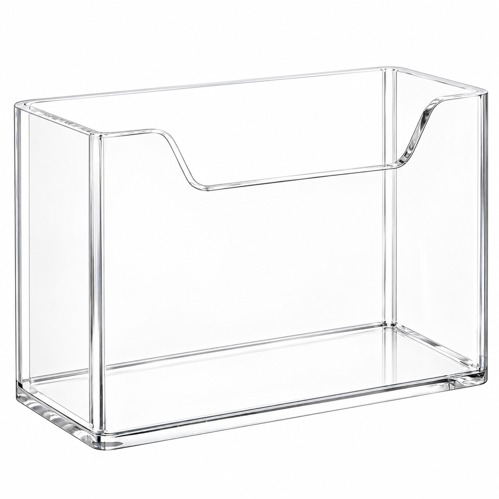 Empty clear acrylic napkin holder on white; napkins not included